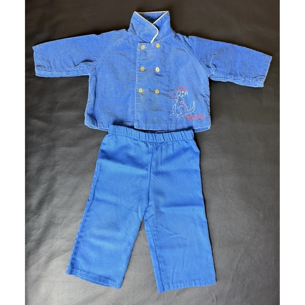 Vintage 70s Corduroy Baby Set Blue Jacket Pants Kangaroo Firefighter USA 18M